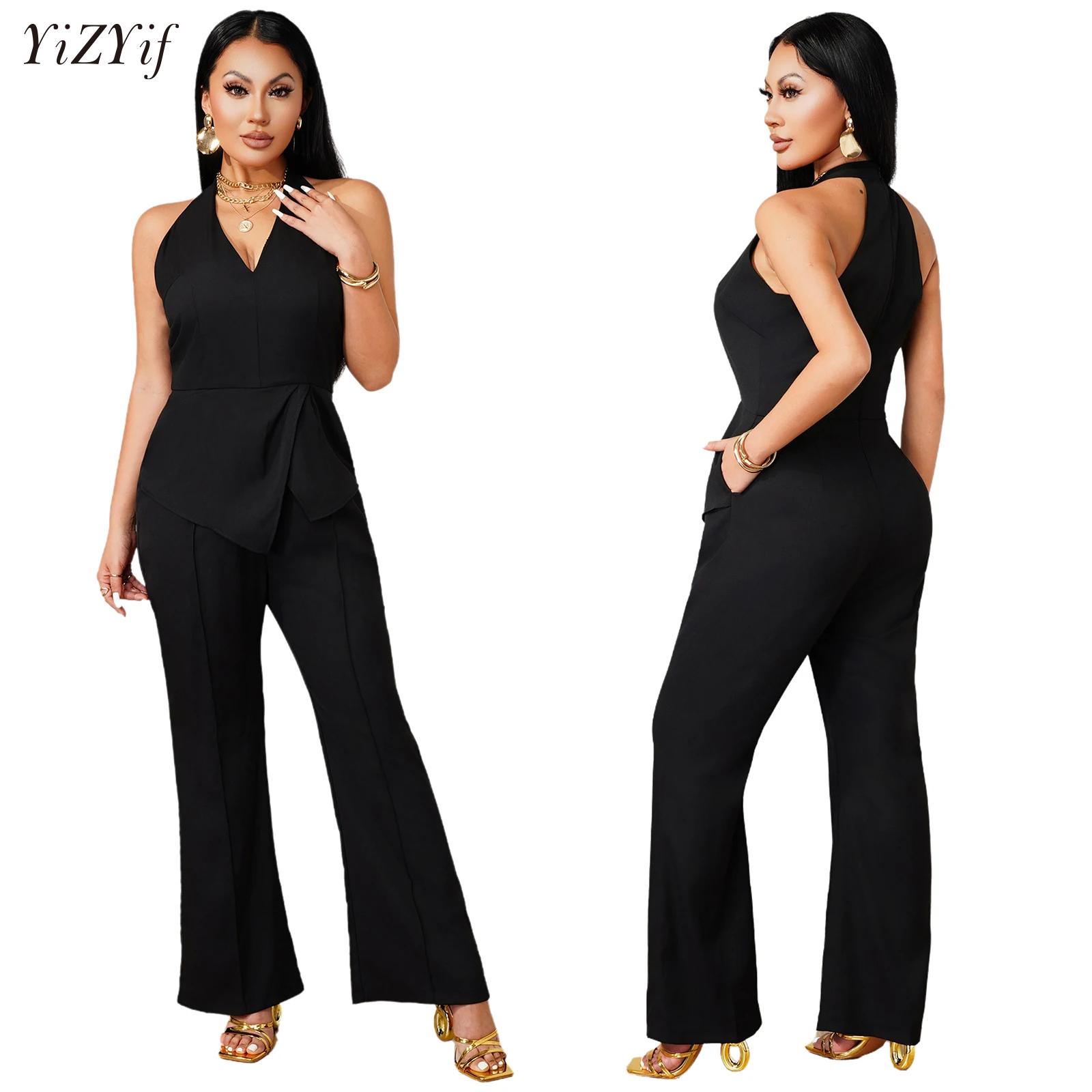 Women'S Formal Wear With Pants - جمبسوت نسائي أنيق بدون أكمام بياقة